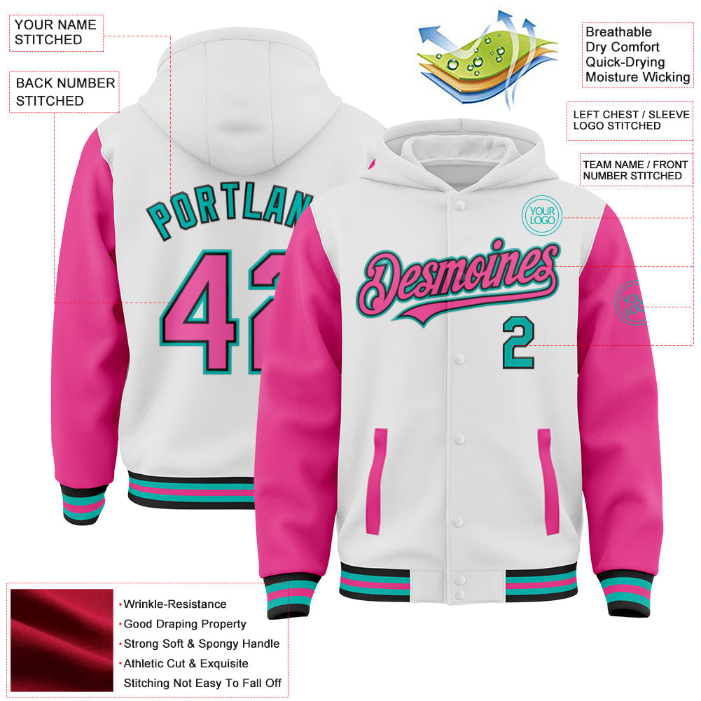 Custom White Pink Black-Aqua Bomber Full-Snap Varsity Letterman Two Tone Hoodie Jacket view 3