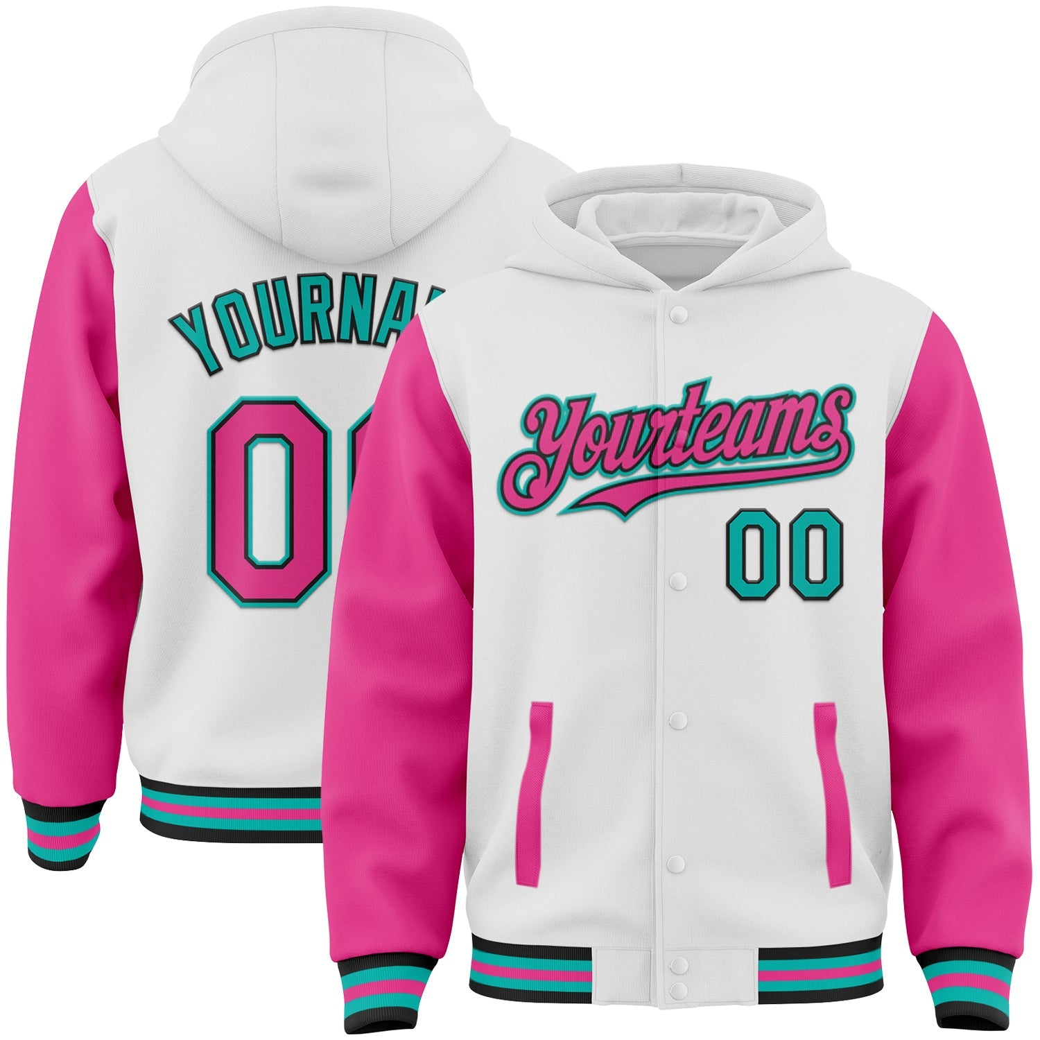 Custom White Pink Black-Aqua Bomber Full-Snap Varsity Letterman Two Tone Hoodie Jacket - Main View