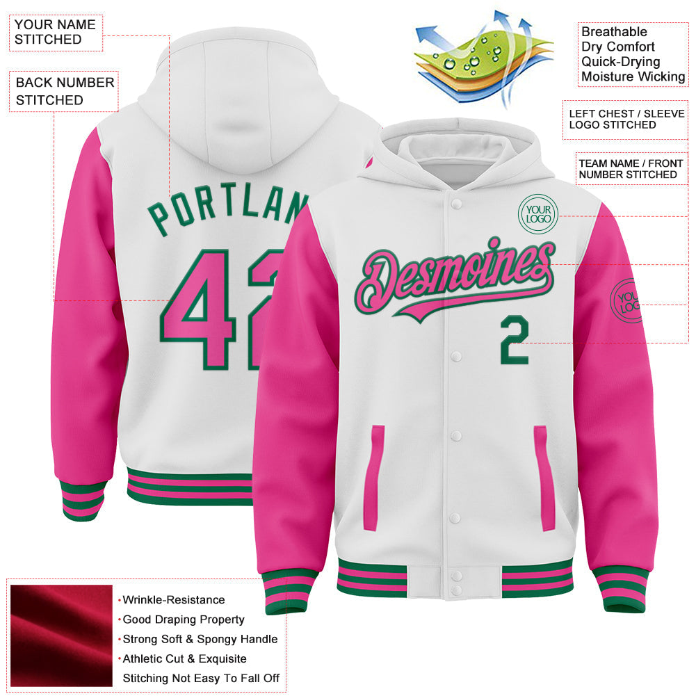 Custom White Pink-Kelly Green Bomber Full-Snap Varsity Letterman Two Tone Hoodie Jacket view 3