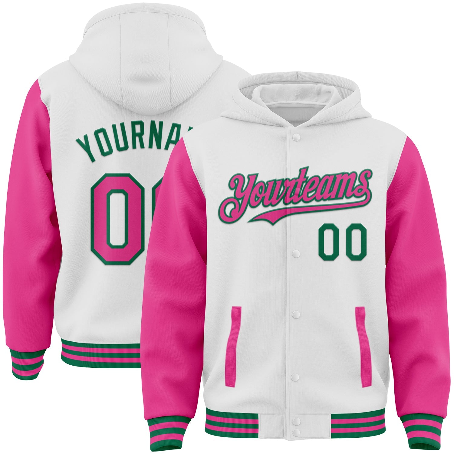 Custom White Pink-Kelly Green Bomber Full-Snap Varsity Letterman Two Tone Hoodie Jacket - Main View