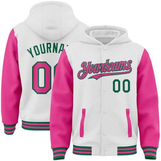 Custom White Pink-Kelly Green Bomber Full-Snap Varsity Letterman Two Tone Hoodie Jacket - Main View