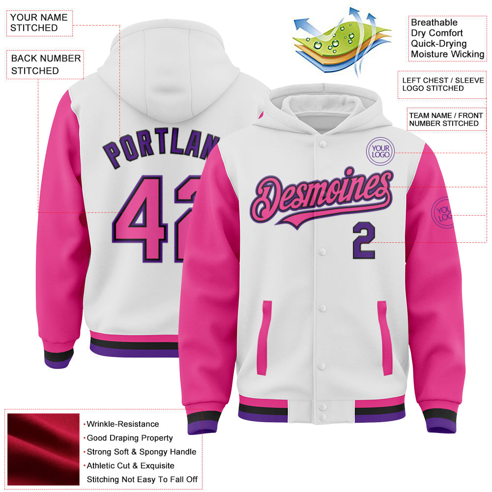 Custom White Pink Black-Purple Bomber Full-Snap Varsity Letterman Two Tone Hoodie Jacket view 3