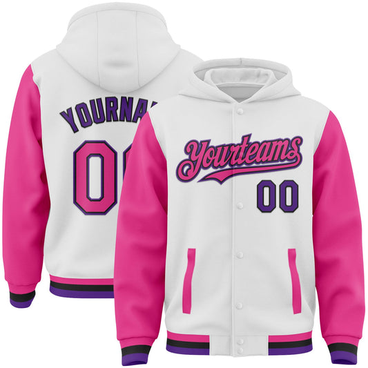 Custom White Pink Black-Purple Bomber Full-Snap Varsity Letterman Two Tone Hoodie Jacket - Main View