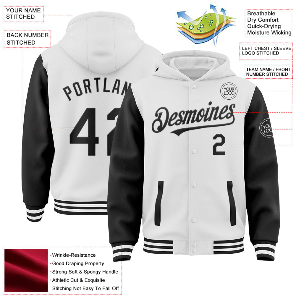 Custom White Black Bomber Full-Snap Varsity Letterman Two Tone Hoodie Jacket view 3