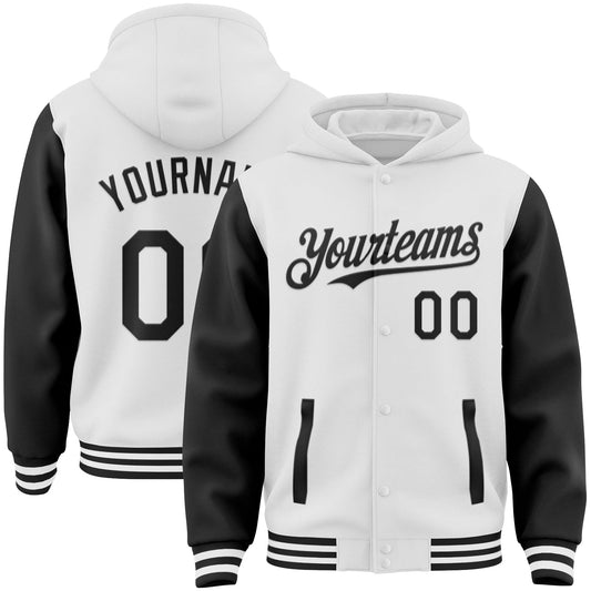 Custom White Black Bomber Full-Snap Varsity Letterman Two Tone Hoodie Jacket - Main View