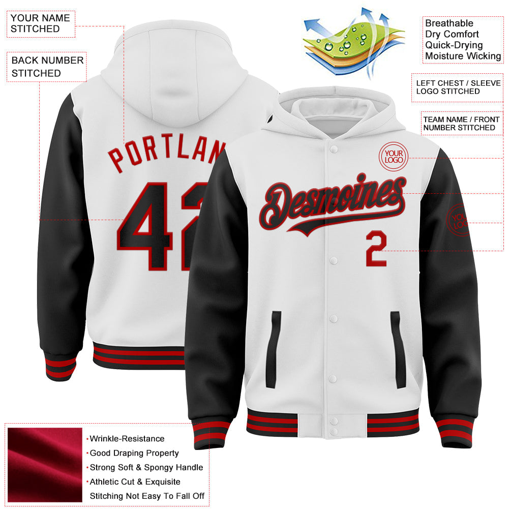 Custom White Black-Red Bomber Full-Snap Varsity Letterman Two Tone Hoodie Jacket view 3