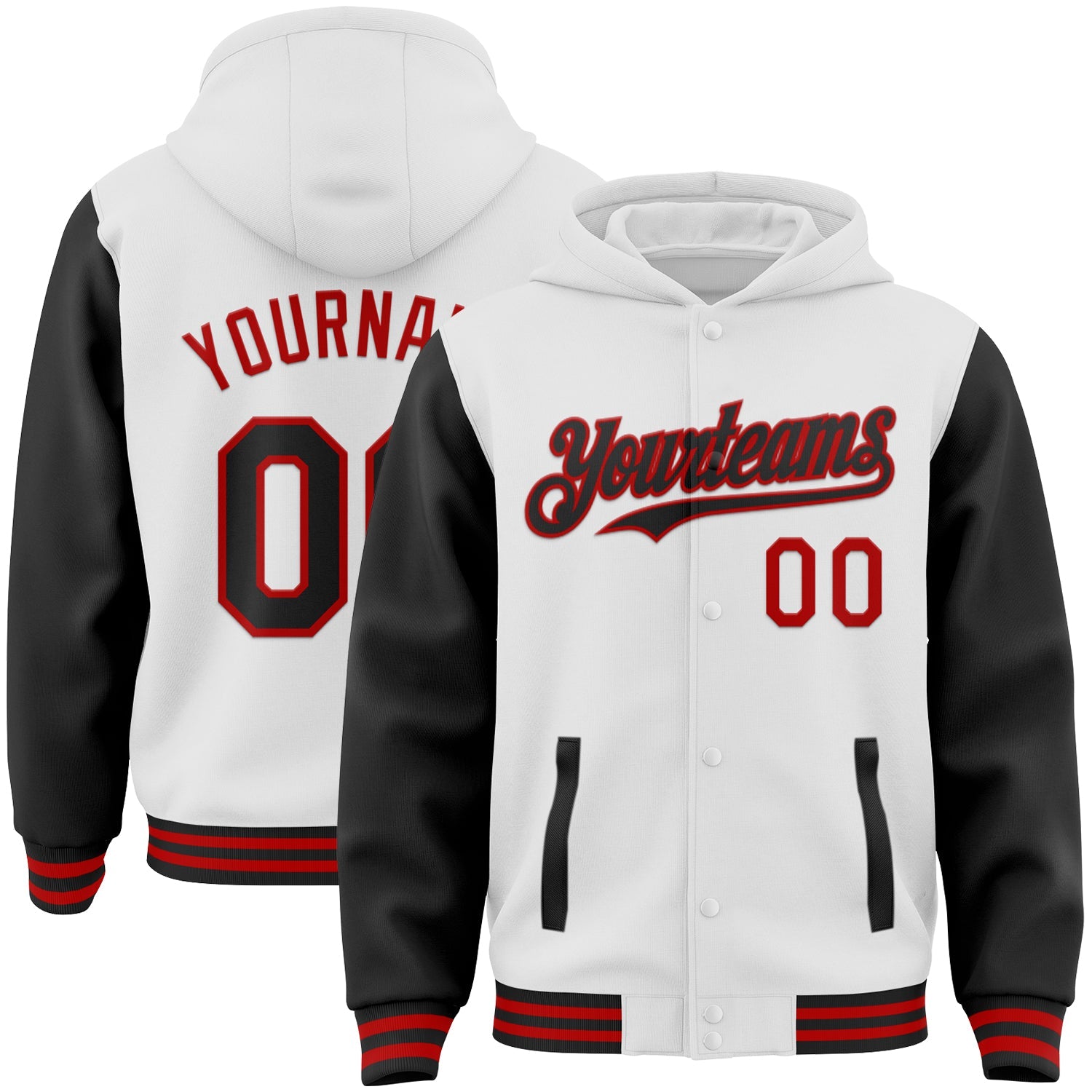Custom White Black-Red Bomber Full-Snap Varsity Letterman Two Tone Hoodie Jacket - Main View