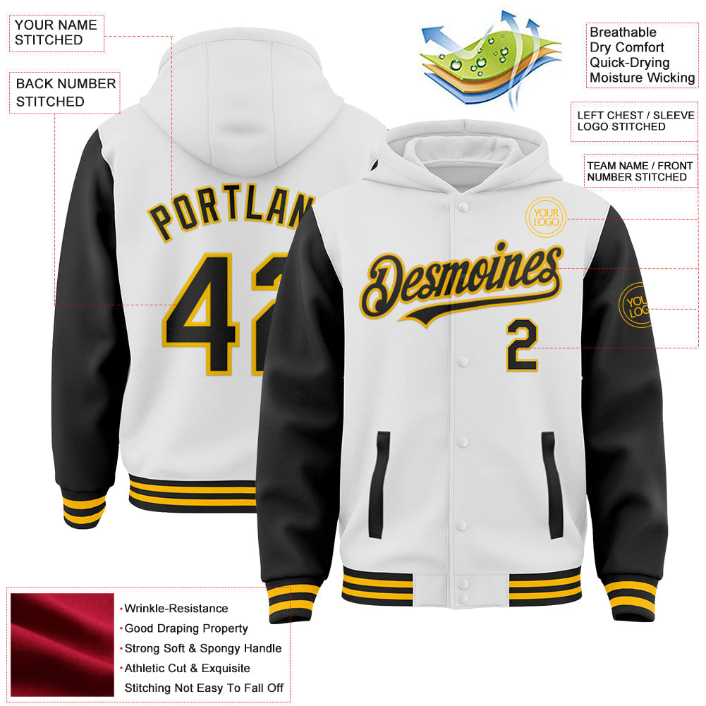 Custom White Black-Gold Bomber Full-Snap Varsity Letterman Two Tone Hoodie Jacket view 3