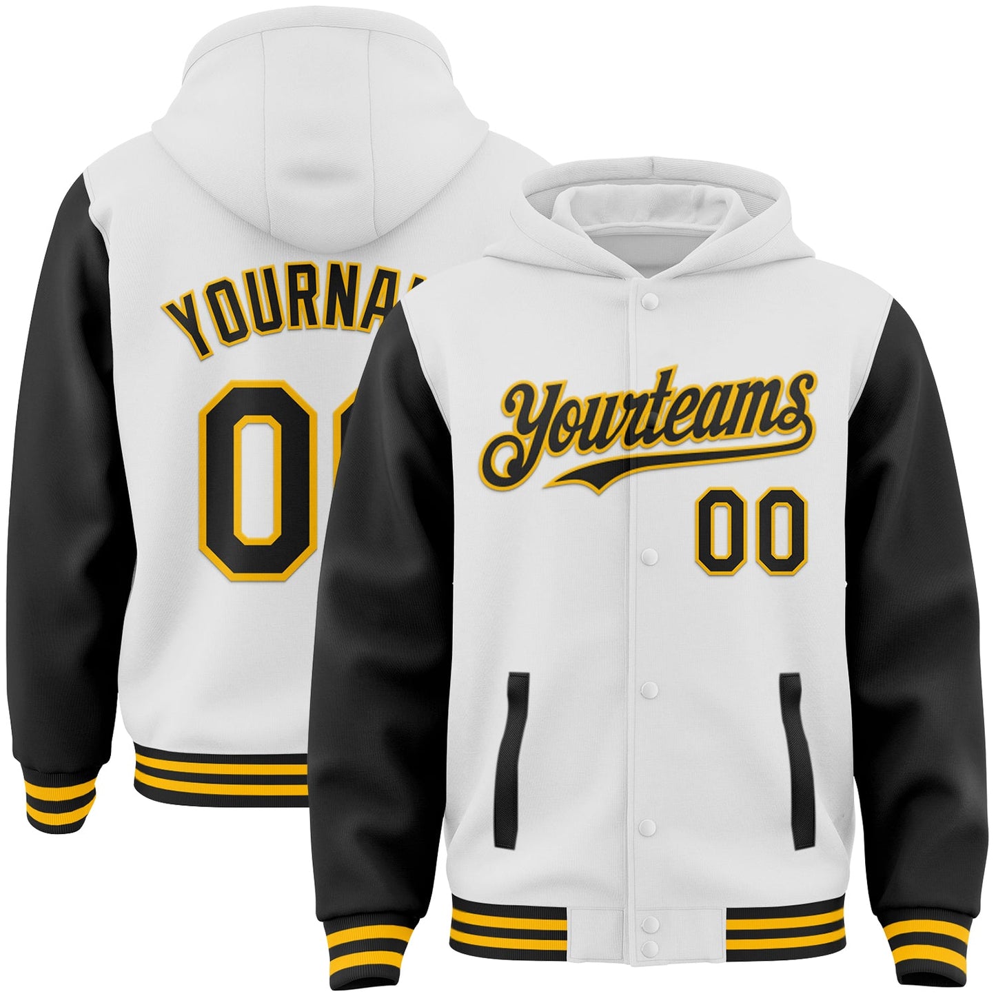 Custom White Black-Gold Bomber Full-Snap Varsity Letterman Two Tone Hoodie Jacket - Main View