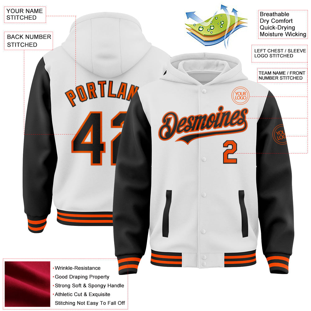 Custom White Black-Orange Bomber Full-Snap Varsity Letterman Two Tone Hoodie Jacket view 3