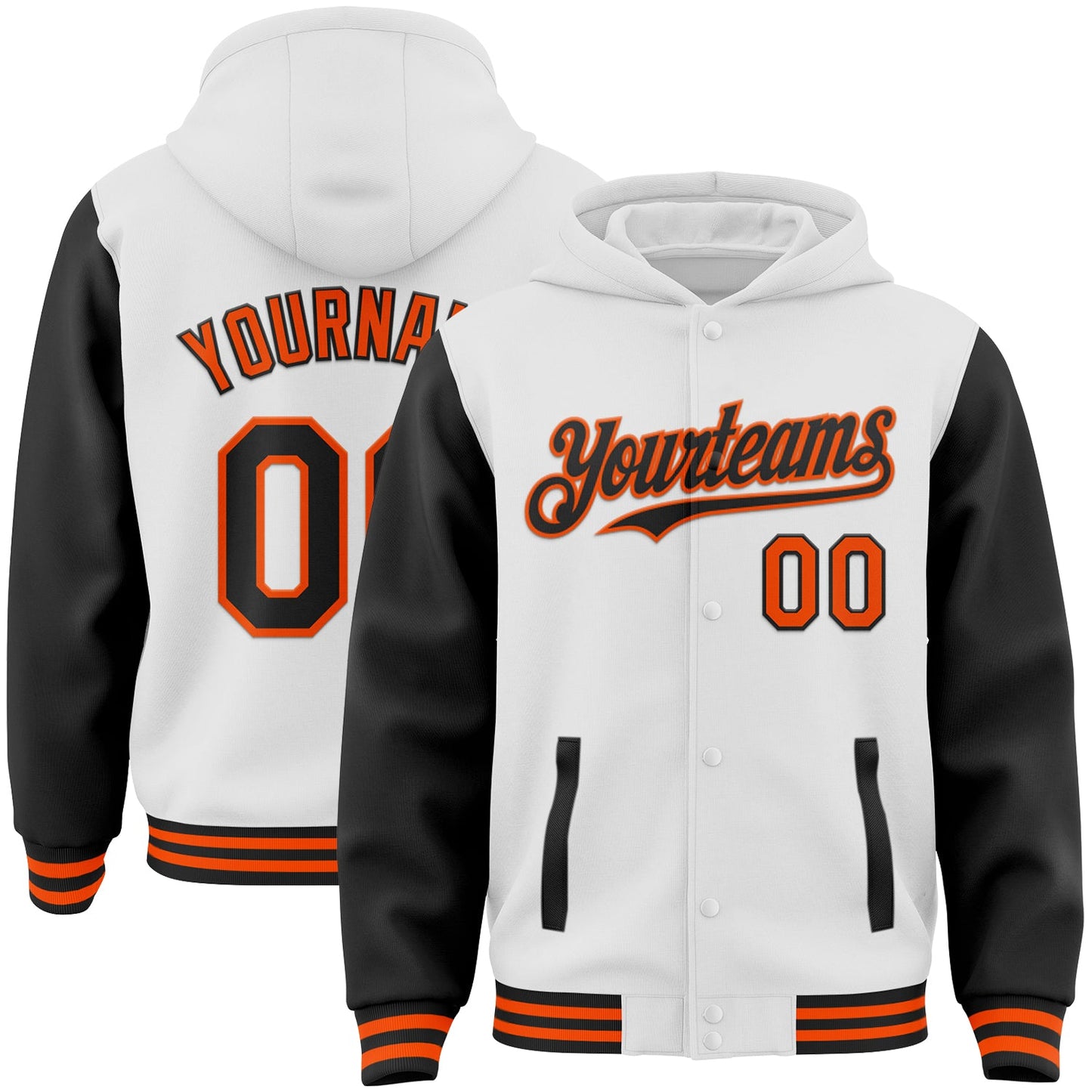 Custom White Black-Orange Bomber Full-Snap Varsity Letterman Two Tone Hoodie Jacket - Main View