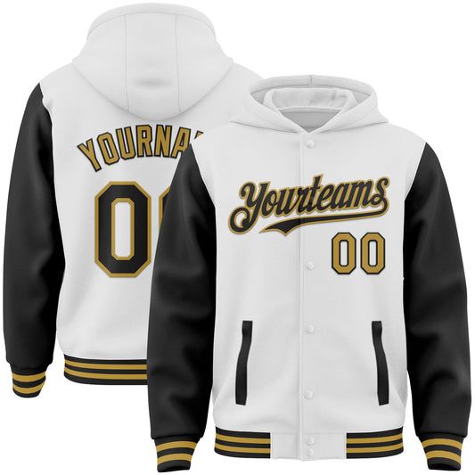 Custom White Black-Old Gold Bomber Full-Snap Varsity Letterman Two Tone Hoodie Jacket - Main View