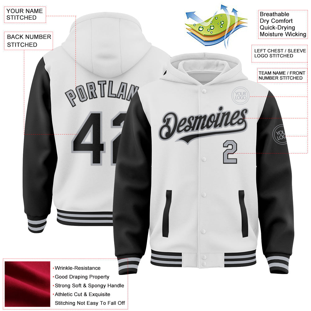 Custom White Black-Gray Bomber Full-Snap Varsity Letterman Two Tone Hoodie Jacket view 3