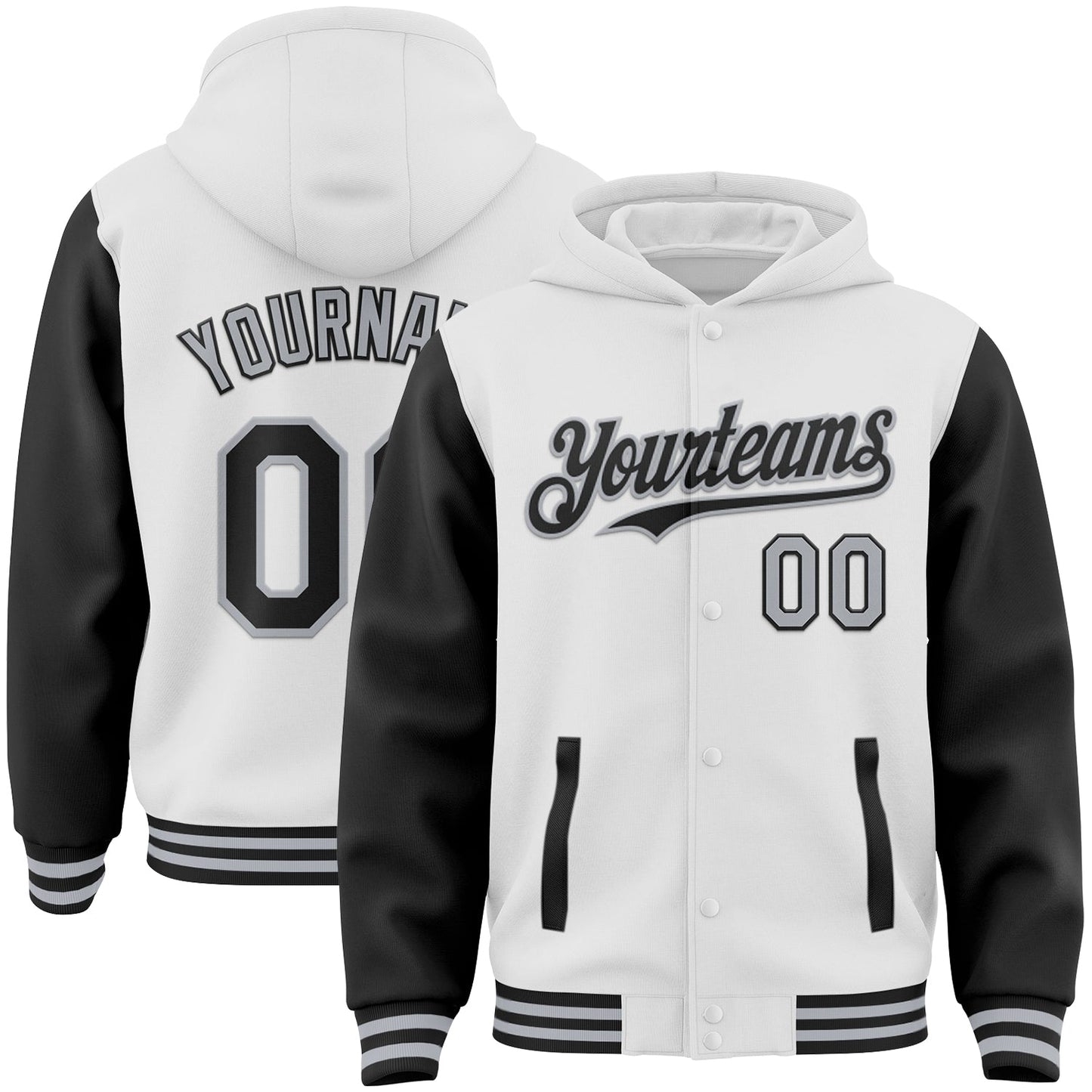 Custom White Black-Gray Bomber Full-Snap Varsity Letterman Two Tone Hoodie Jacket - Main View