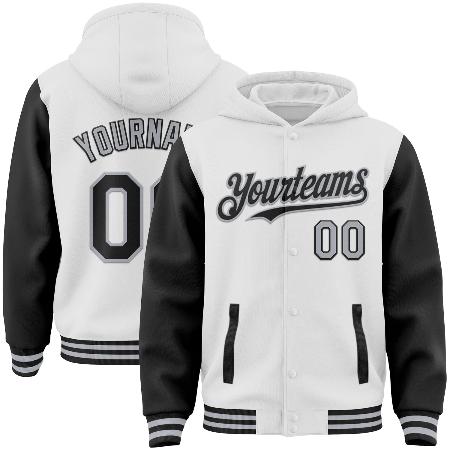 Custom White Black-Gray Bomber Full-Snap Varsity Letterman Two Tone Hoodie Jacket - Main View