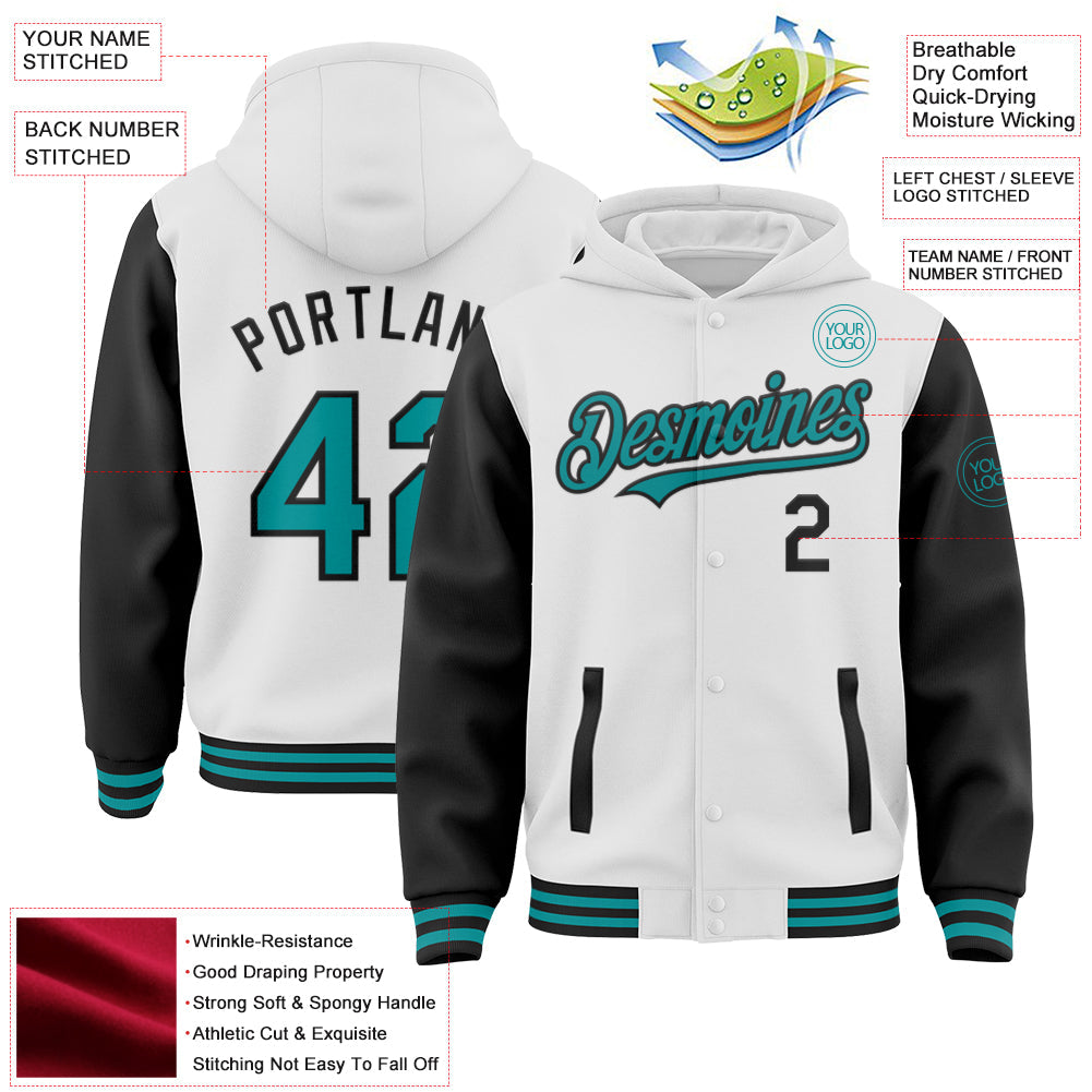 Custom White Teal-Black Bomber Full-Snap Varsity Letterman Two Tone Hoodie Jacket view 3