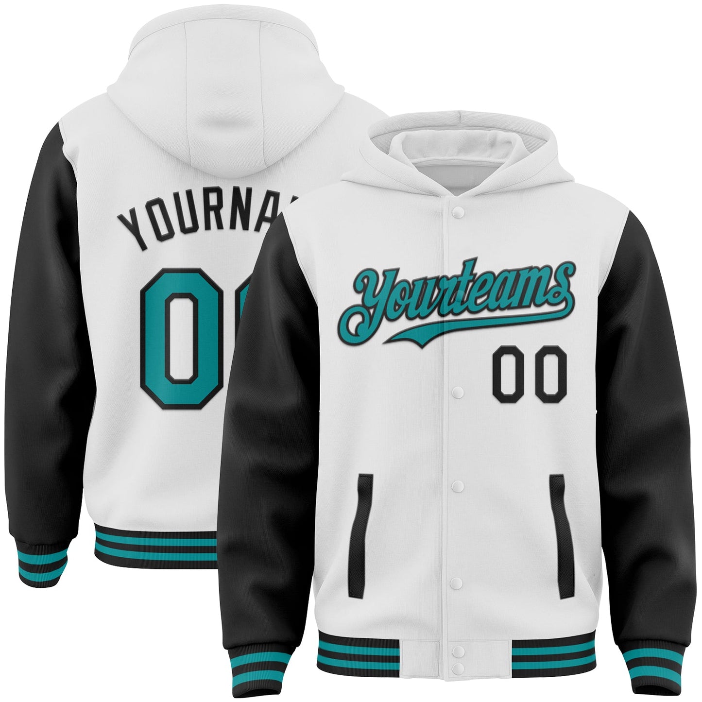 Custom White Teal-Black Bomber Full-Snap Varsity Letterman Two Tone Hoodie Jacket - Main View