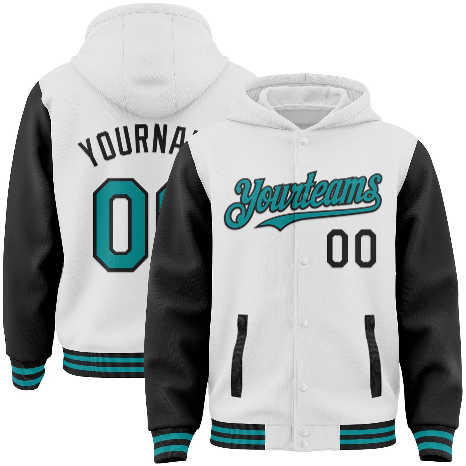 Custom White Teal-Black Bomber Full-Snap Varsity Letterman Two Tone Hoodie Jacket - Main View