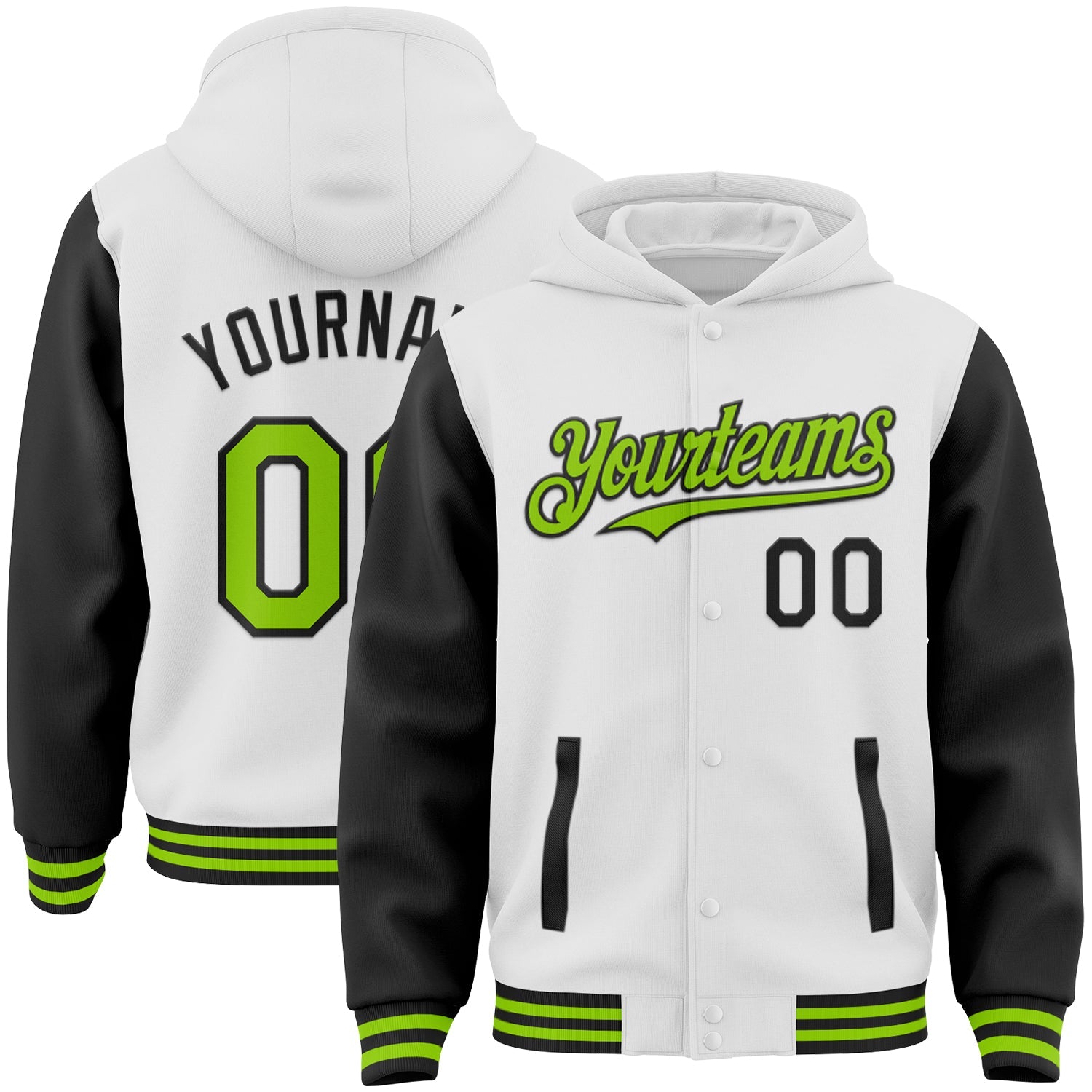 Custom White Neon Green-Black Bomber Full-Snap Varsity Letterman Two Tone Hoodie Jacket - Main View