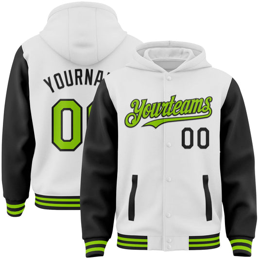 Custom White Neon Green-Black Bomber Full-Snap Varsity Letterman Two Tone Hoodie Jacket - Main View