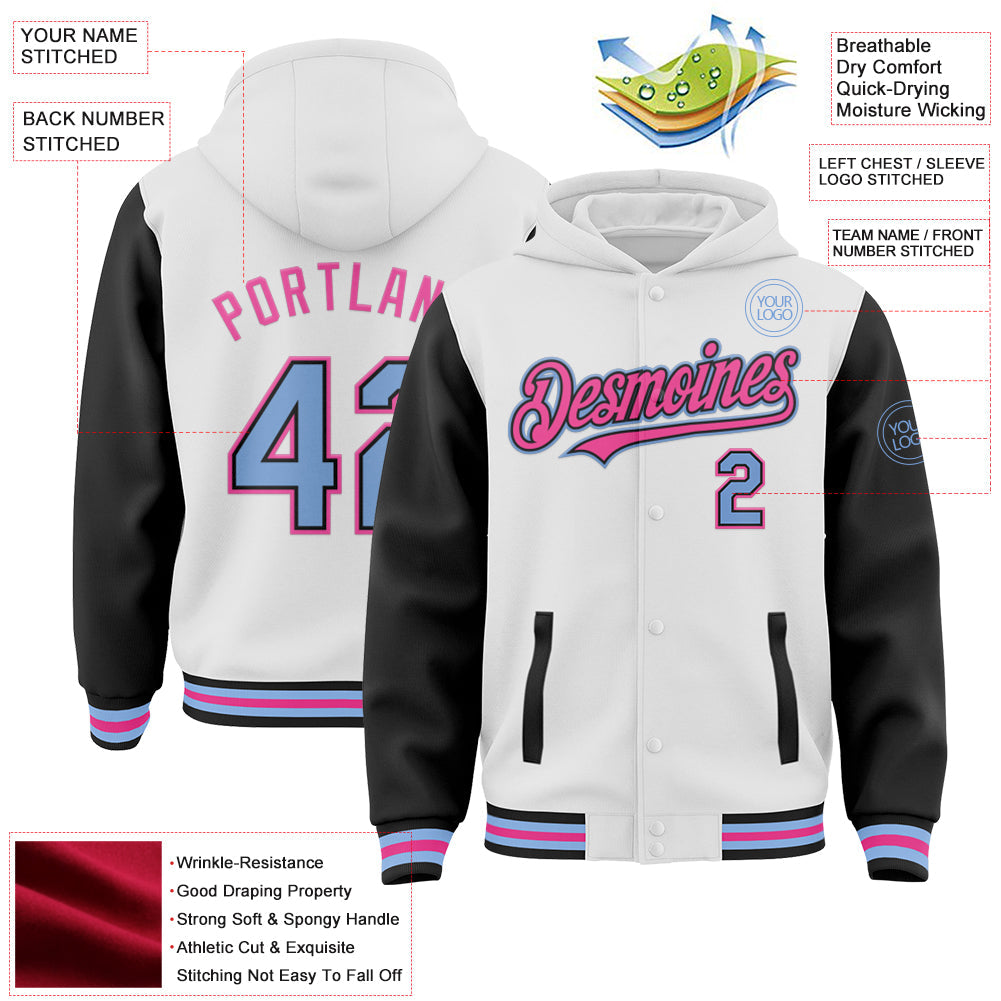 Custom White Light Blue Black-Pink Bomber Full-Snap Varsity Letterman Two Tone Hoodie Jacket view 3