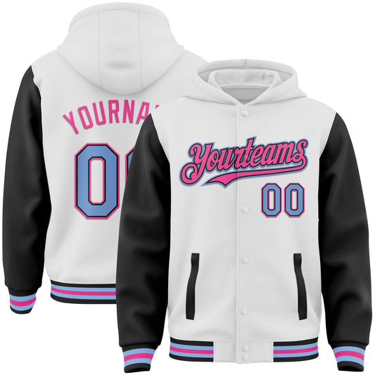 Custom White Light Blue Black-Pink Bomber Full-Snap Varsity Letterman Two Tone Hoodie Jacket - Main View