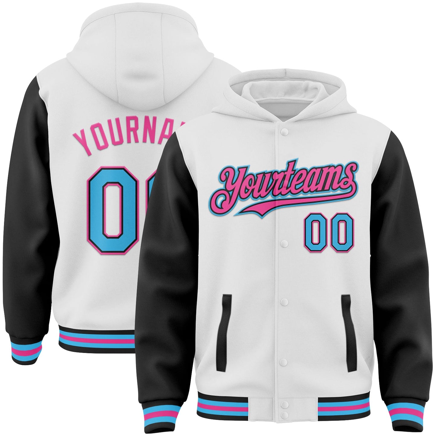 Custom White Sky Blue Black-Pink Bomber Full-Snap Varsity Letterman Two Tone Hoodie Jacket - Main View