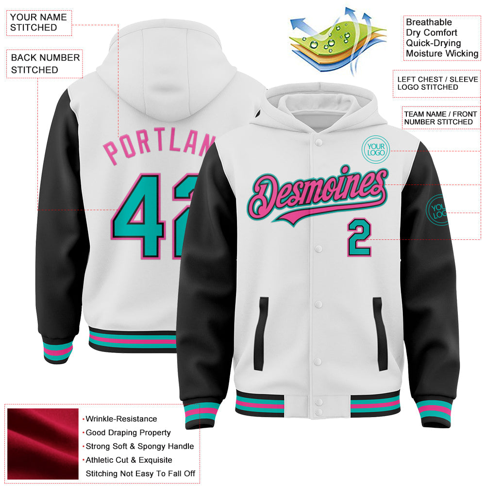 Custom White Aqua Black-Pink Bomber Full-Snap Varsity Letterman Two Tone Hoodie Jacket view 3