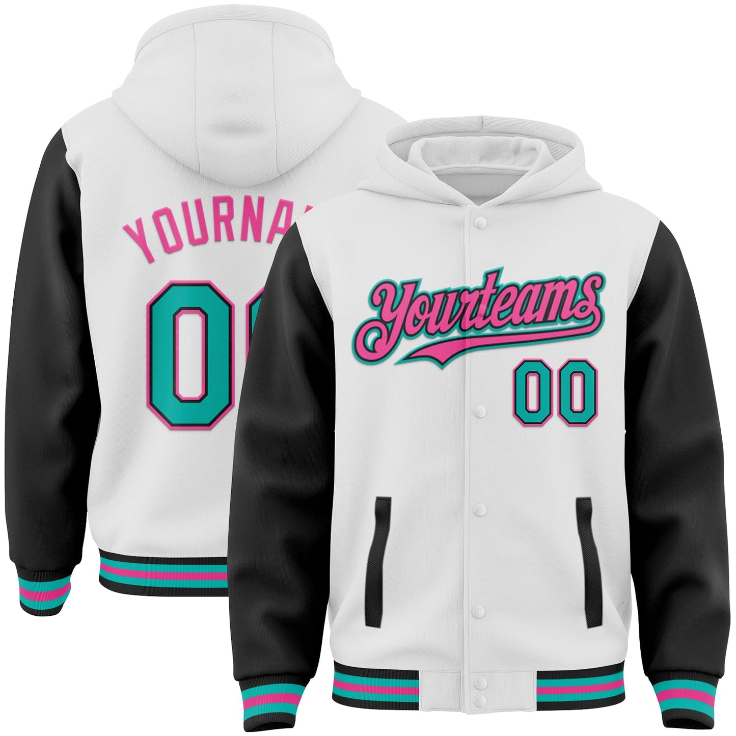 Custom White Aqua Black-Pink Bomber Full-Snap Varsity Letterman Two Tone Hoodie Jacket - Main View