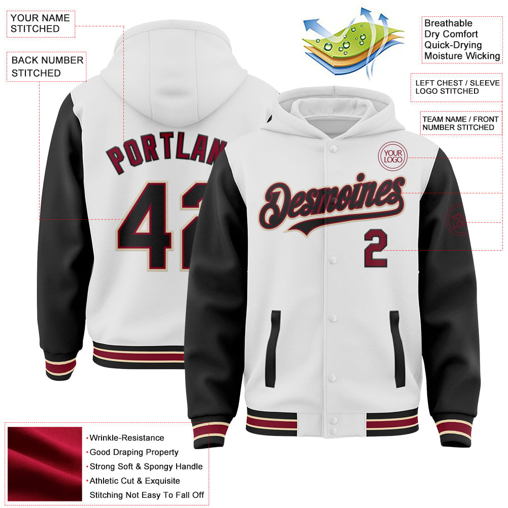 Custom White Black Crimson-City Cream Bomber Full-Snap Varsity Letterman Two Tone Hoodie Jacket view 3