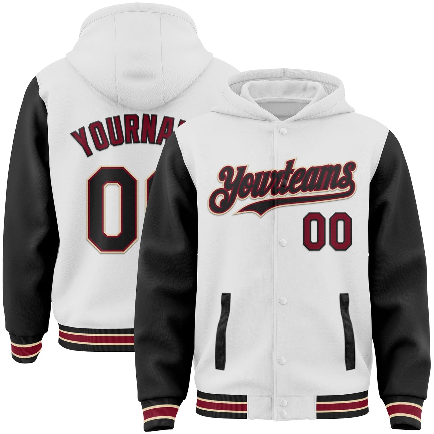 Custom White Black Crimson-City Cream Bomber Full-Snap Varsity Letterman Two Tone Hoodie Jacket - Main View