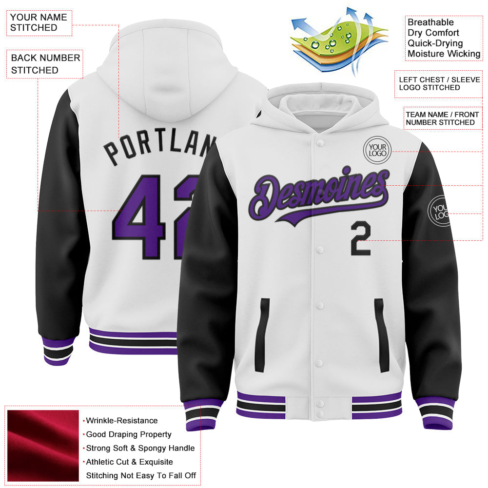 Custom White Purple-Black Bomber Full-Snap Varsity Letterman Two Tone Hoodie Jacket view 3