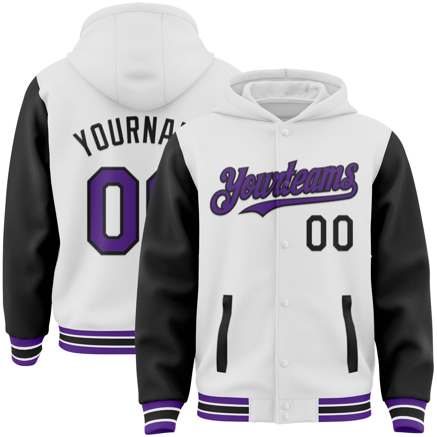 Custom White Purple-Black Bomber Full-Snap Varsity Letterman Two Tone Hoodie Jacket - Main View