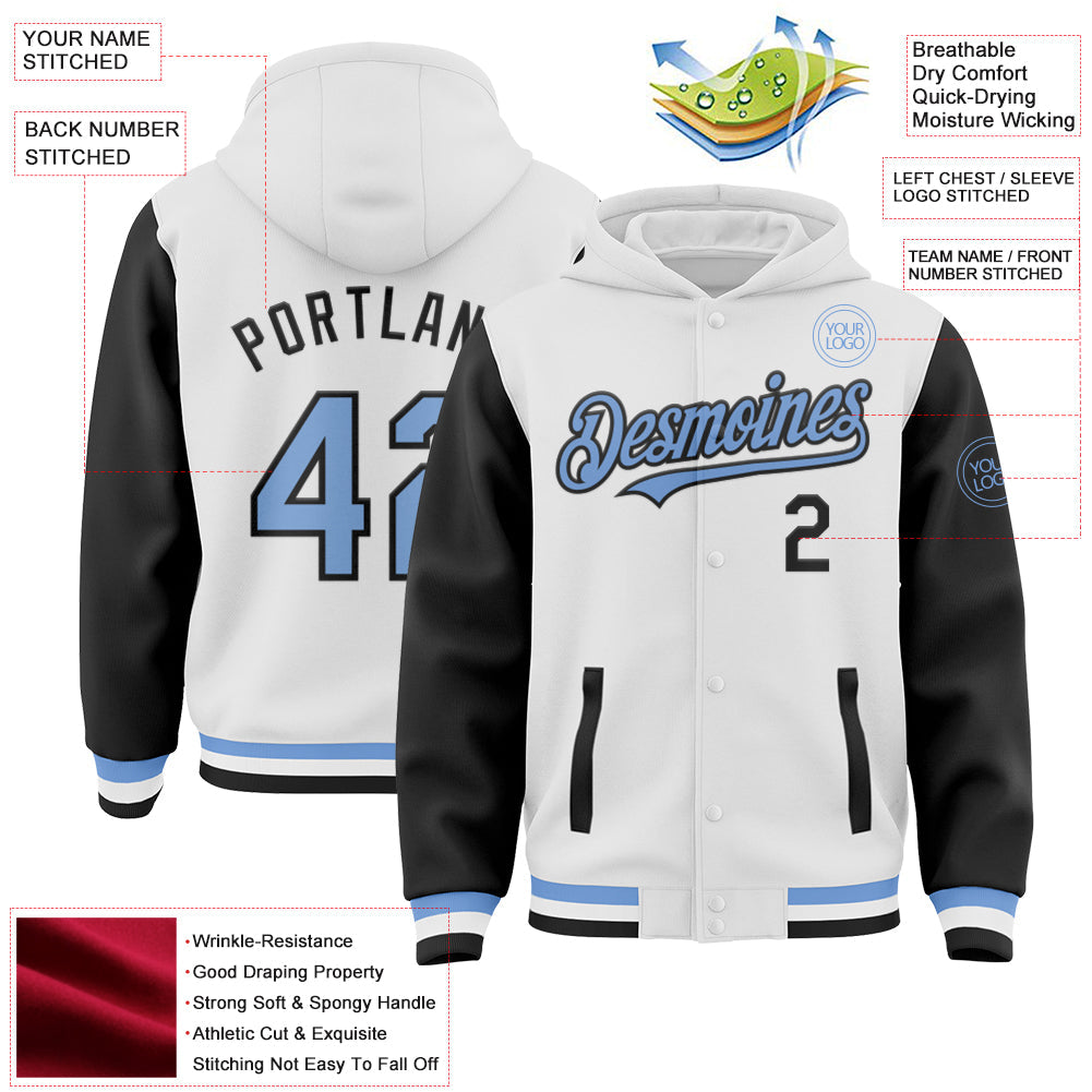 Custom White Light Blue-Black Bomber Full-Snap Varsity Letterman Two Tone Hoodie Jacket view 3