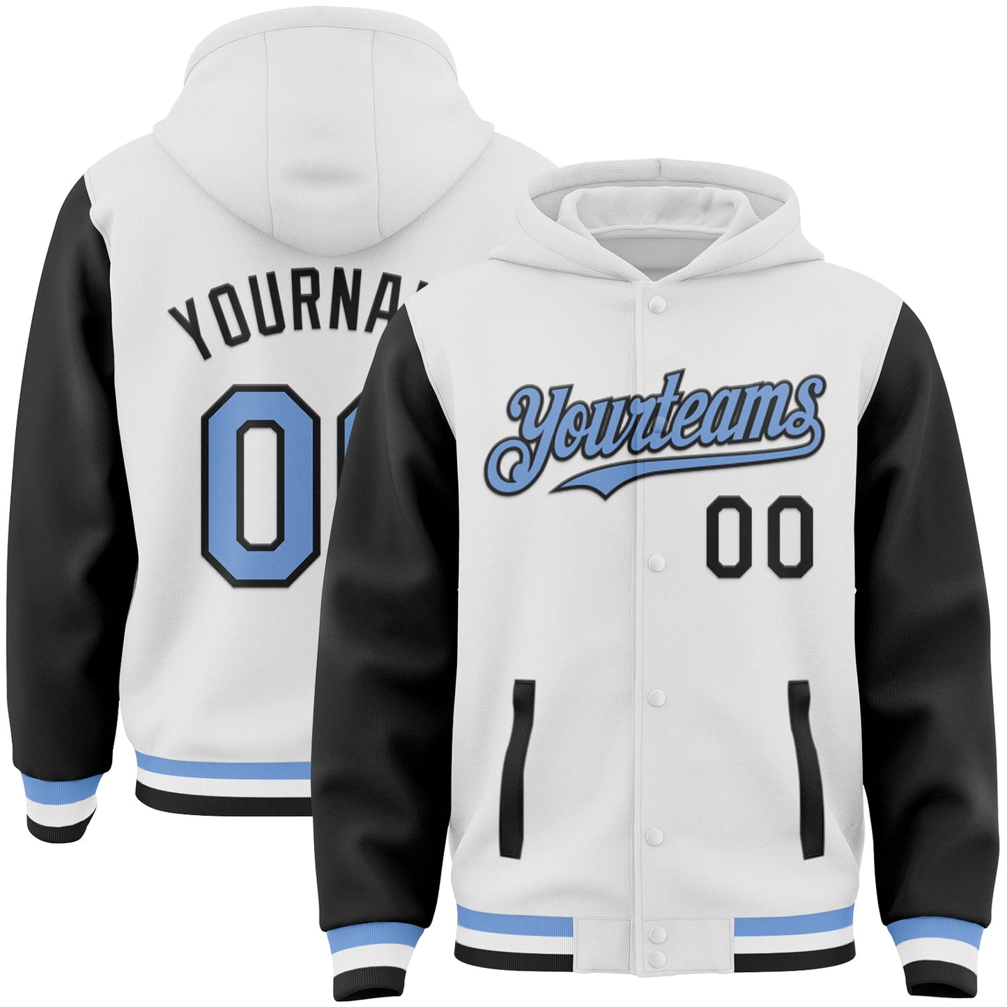 Custom White Light Blue-Black Bomber Full-Snap Varsity Letterman Two Tone Hoodie Jacket - Main View