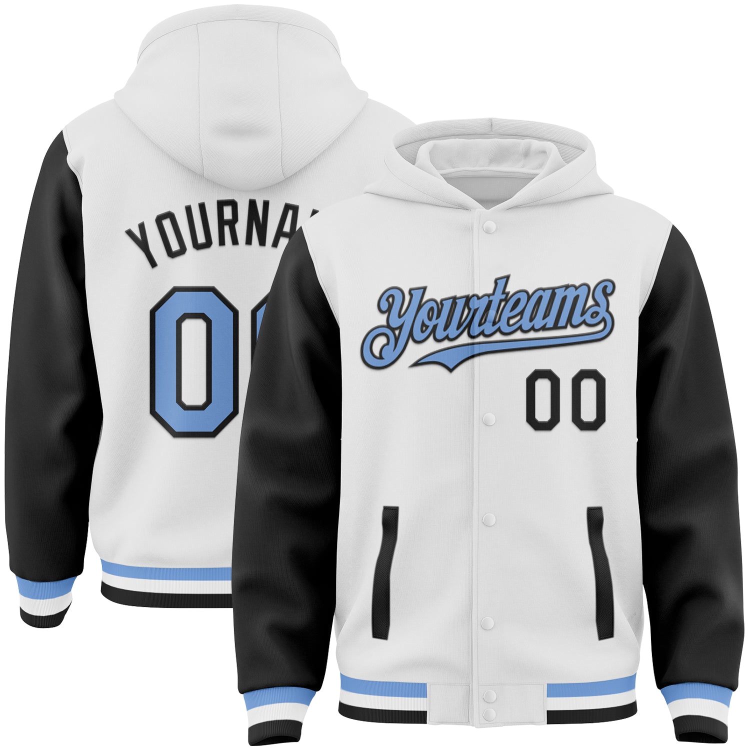 Custom White Light Blue-Black Bomber Full-Snap Varsity Letterman Two Tone Hoodie Jacket - Main View