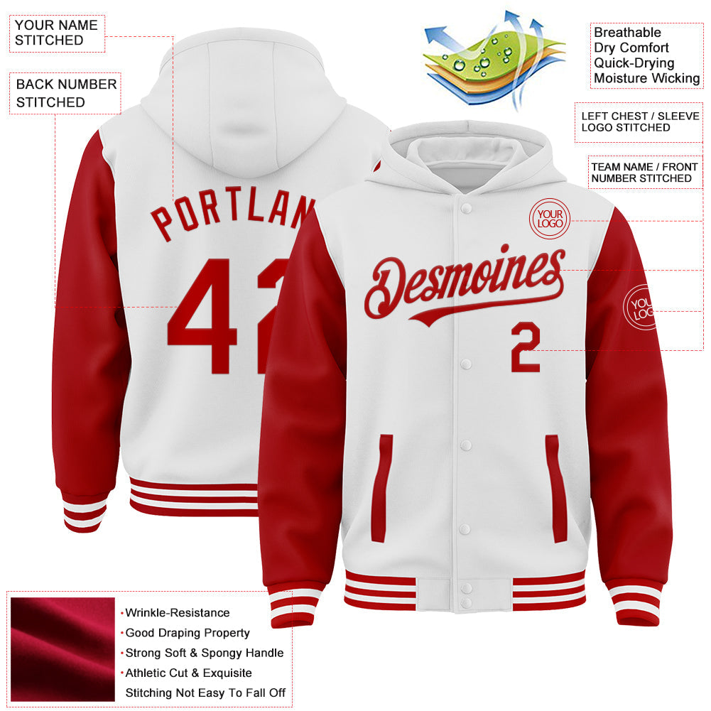 Custom White Red Bomber Full-Snap Varsity Letterman Two Tone Hoodie Jacket view 3