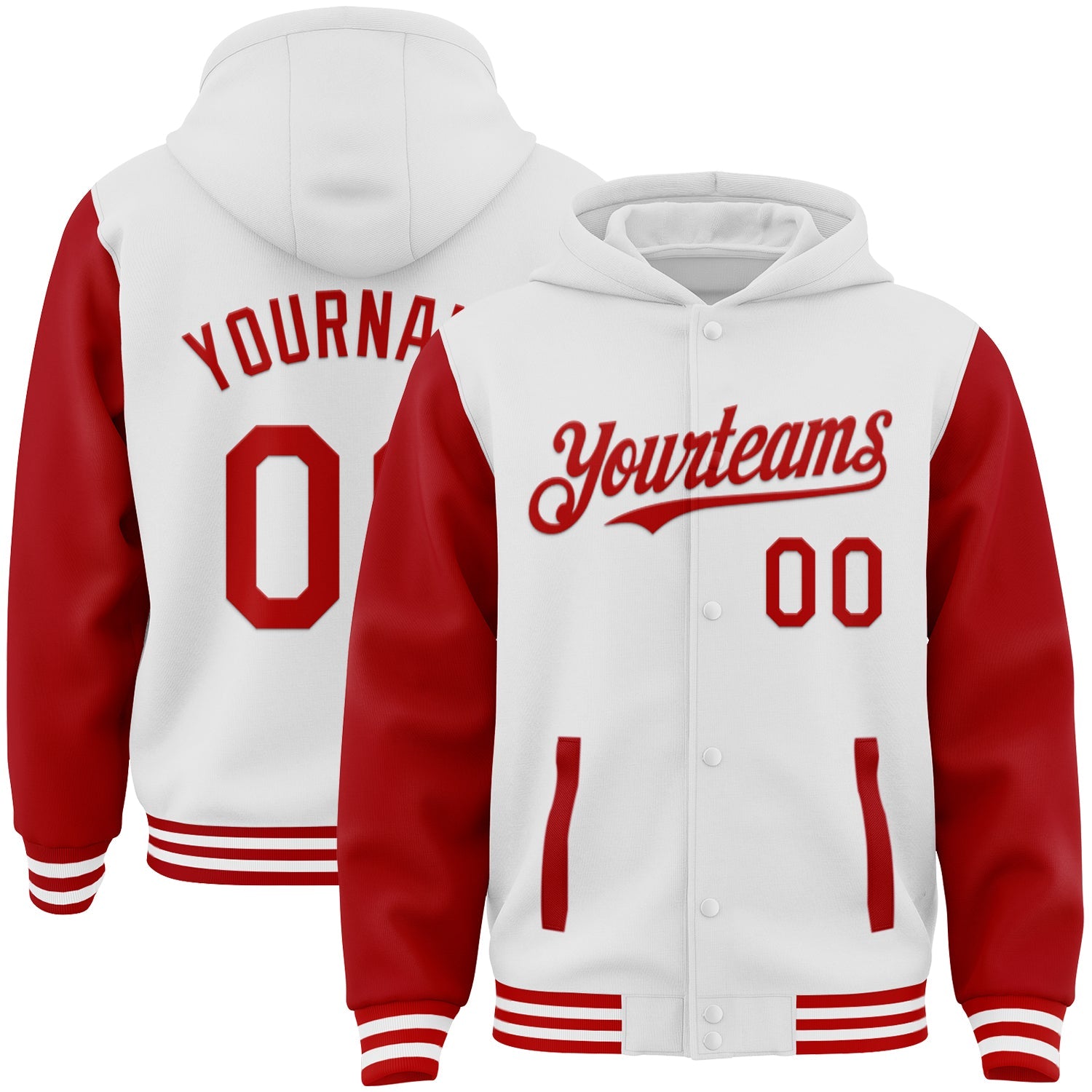 Custom White Red Bomber Full-Snap Varsity Letterman Two Tone Hoodie Jacket - Main View