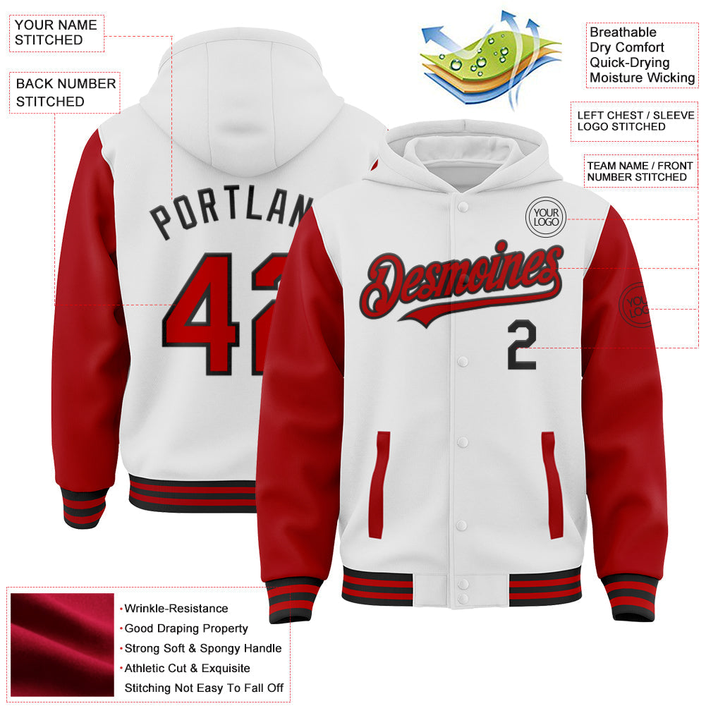 Custom White Red-Black Bomber Full-Snap Varsity Letterman Two Tone Hoodie Jacket view 3