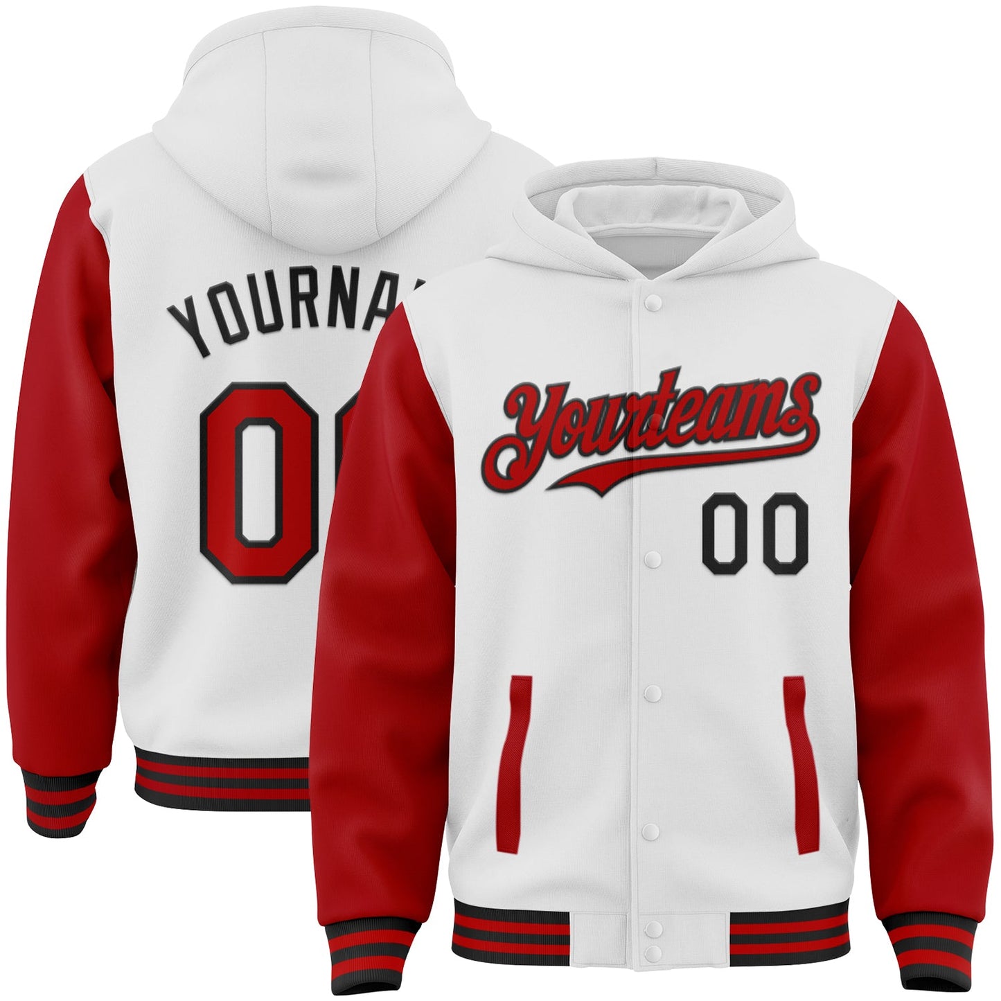 Custom White Red-Black Bomber Full-Snap Varsity Letterman Two Tone Hoodie Jacket - Main View