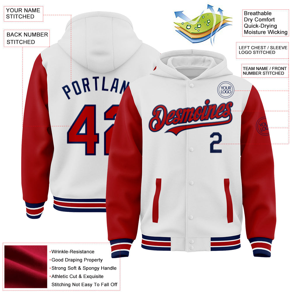 Custom White Red-Navy Bomber Full-Snap Varsity Letterman Two Tone Hoodie Jacket view 3