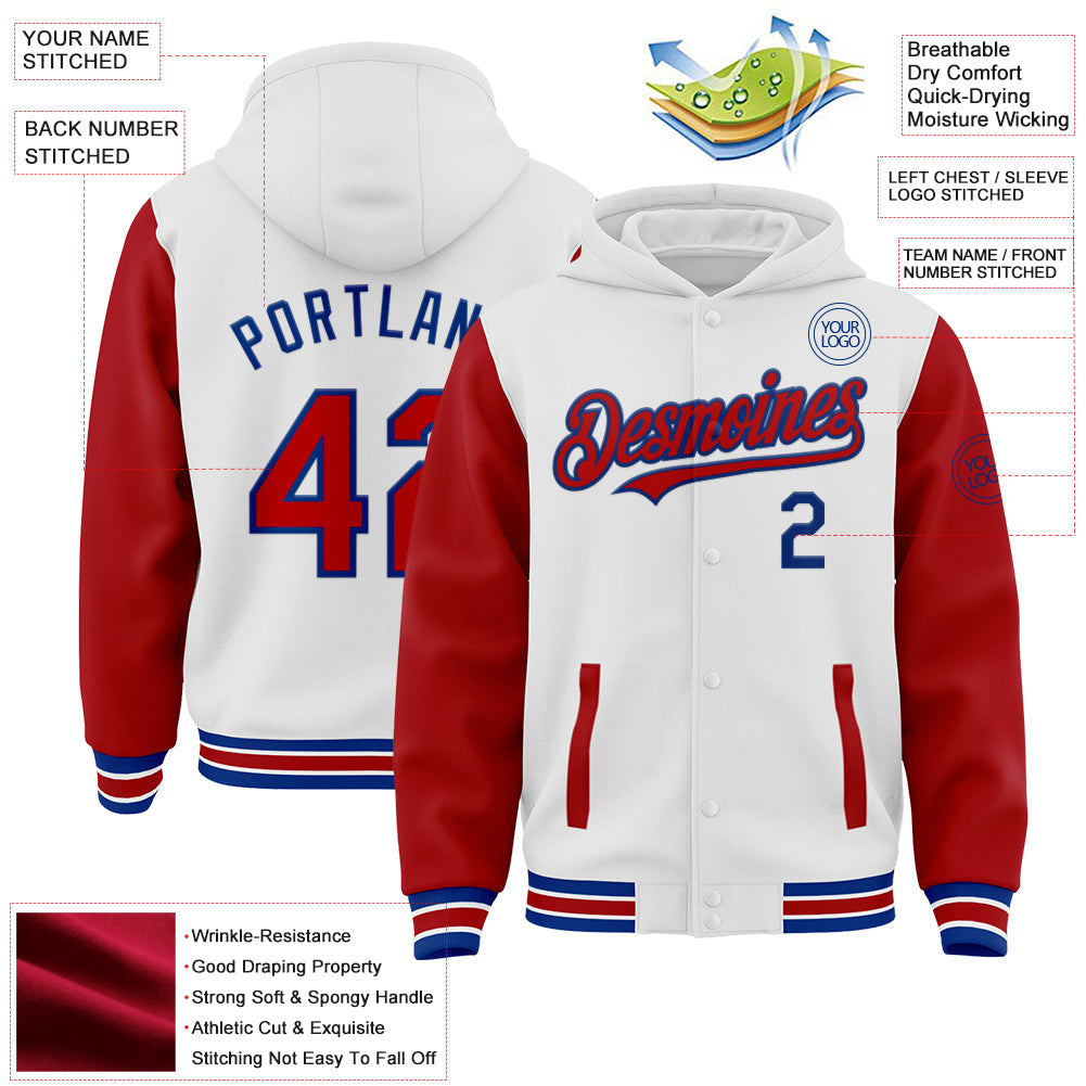 Custom White Red-Royal Bomber Full-Snap Varsity Letterman Two Tone Hoodie Jacket view 3