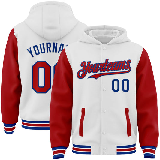 Custom White Red-Royal Bomber Full-Snap Varsity Letterman Two Tone Hoodie Jacket - Main View