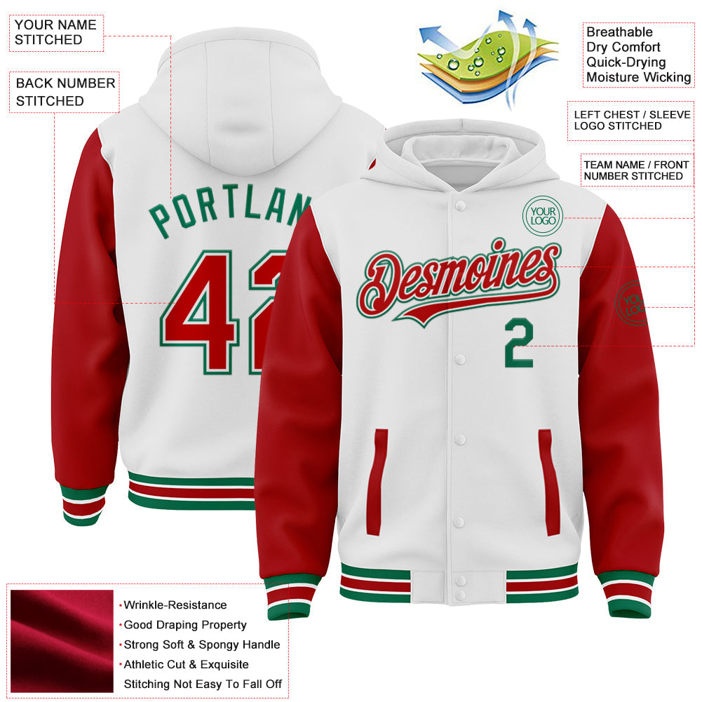 Custom White Red-Kelly Green Bomber Full-Snap Varsity Letterman Two Tone Hoodie Jacket view 3