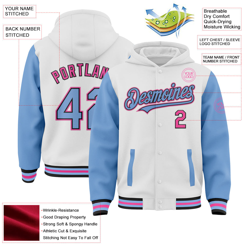 Custom White Light Blue Black-Pink Bomber Full-Snap Varsity Letterman Two Tone Hoodie Jacket view 3