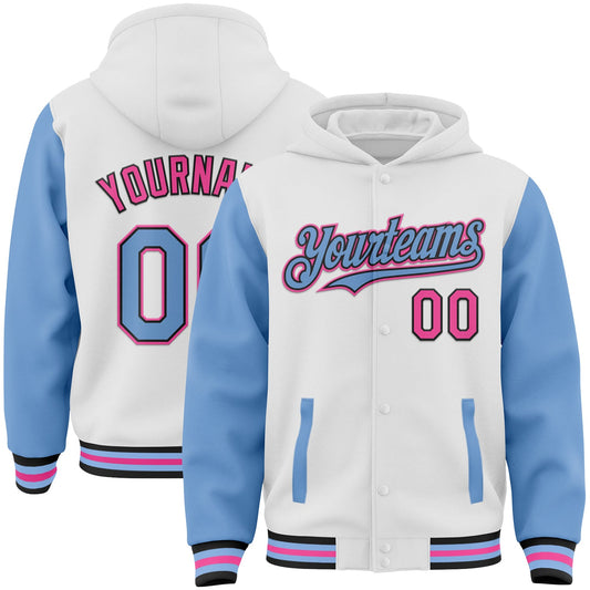 Custom White Light Blue Black-Pink Bomber Full-Snap Varsity Letterman Two Tone Hoodie Jacket - Main View