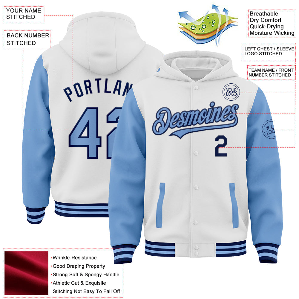 Custom White Light Blue-Navy Bomber Full-Snap Varsity Letterman Two Tone Hoodie Jacket view 3