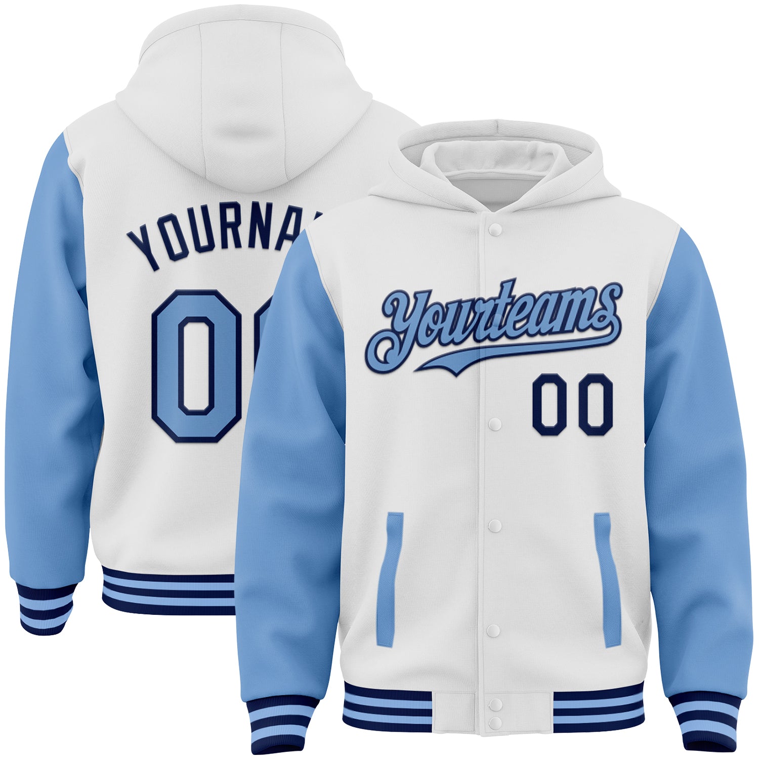 Custom White Light Blue-Navy Bomber Full-Snap Varsity Letterman Two Tone Hoodie Jacket - Main View