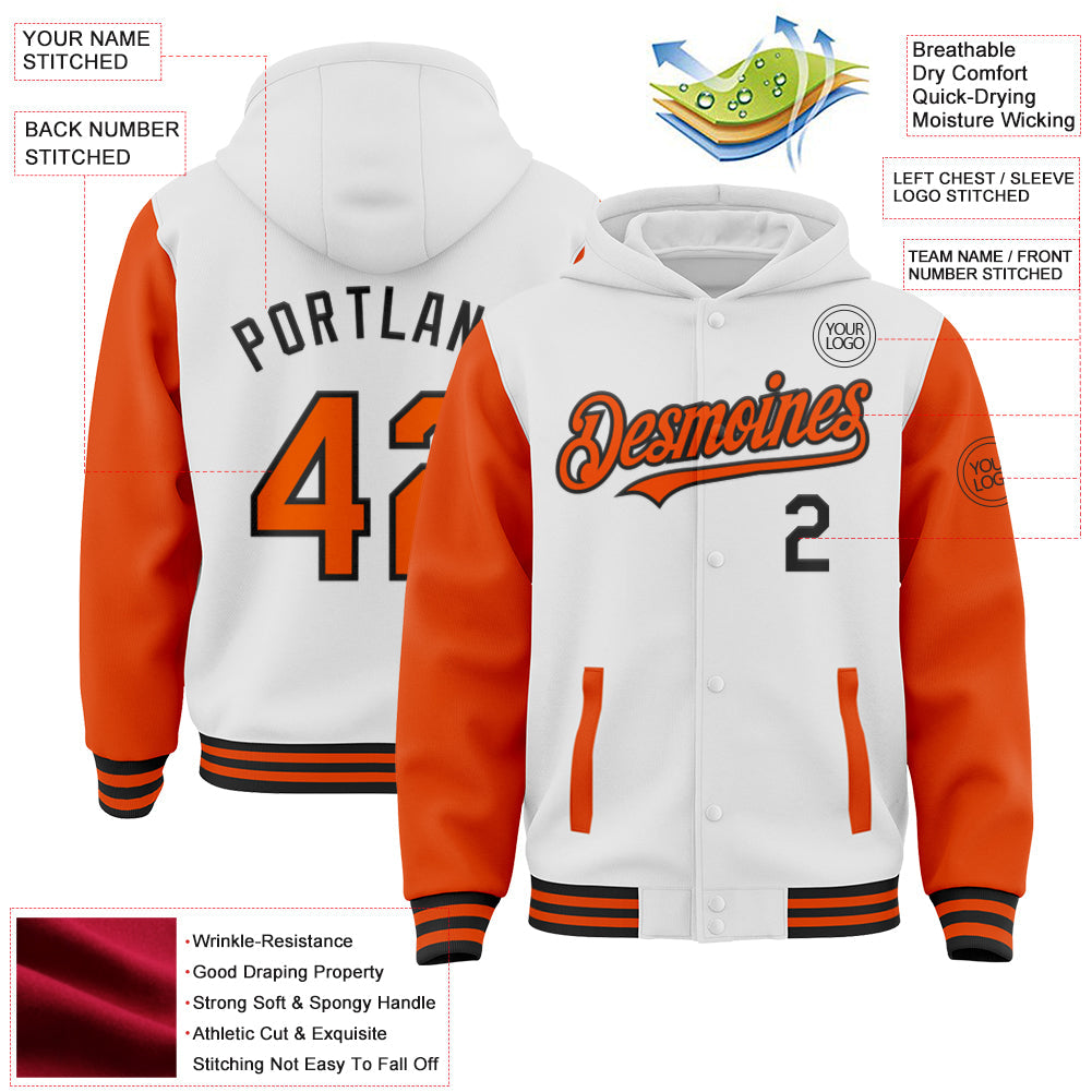 Custom White Orange-Black Bomber Full-Snap Varsity Letterman Two Tone Hoodie Jacket view 3