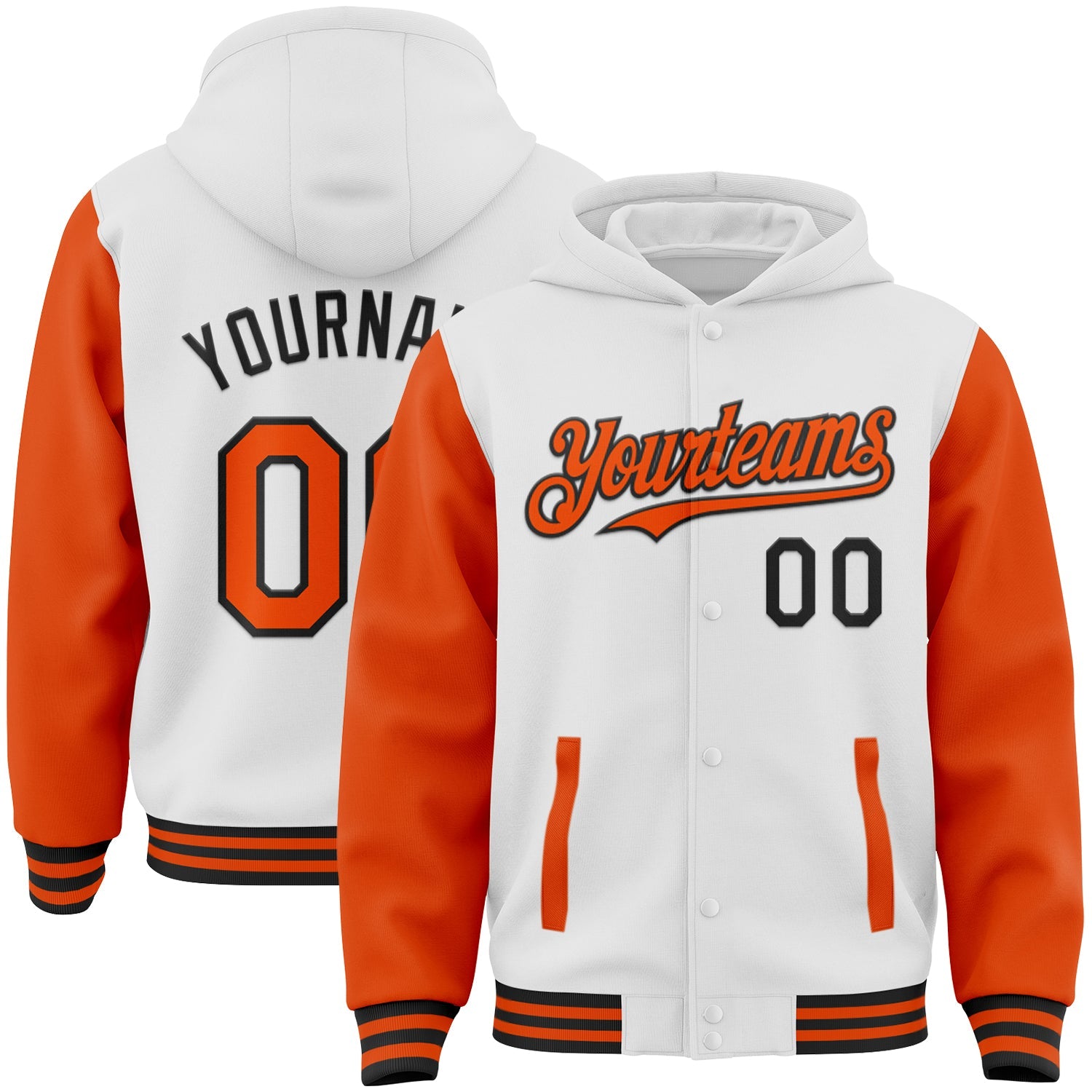 Custom White Orange-Black Bomber Full-Snap Varsity Letterman Two Tone Hoodie Jacket - Main View